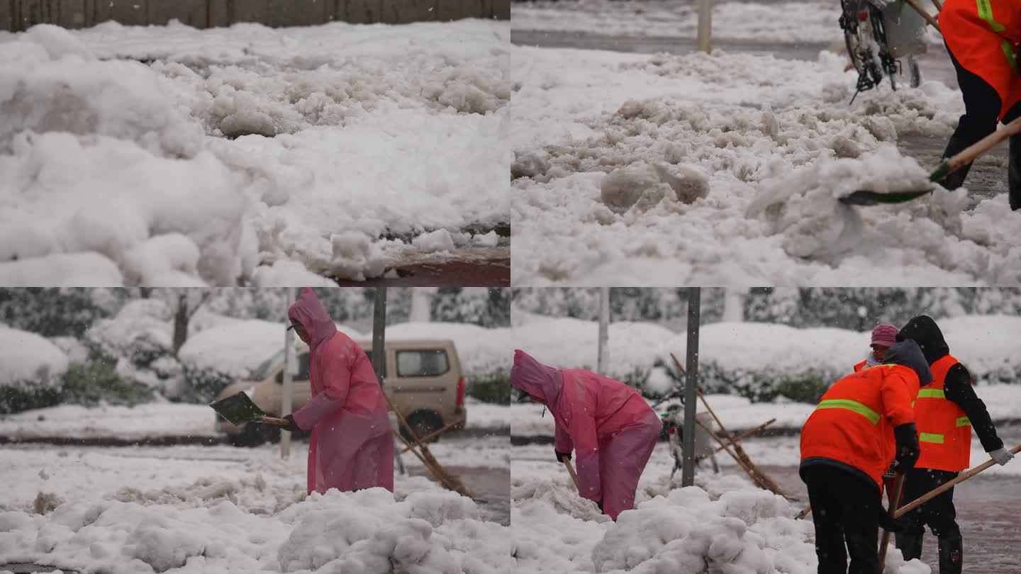 风雪中清扫积雪的环卫工人升格空镜