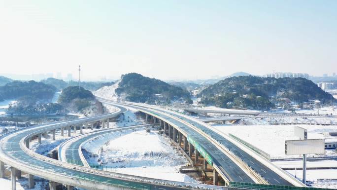 湖南长沙高速雪景4K航拍视频