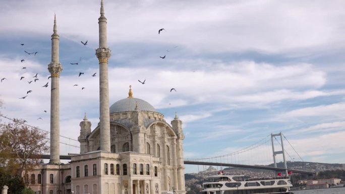 手持拍摄的鸟群飞过Ortakoy清真寺与博斯普鲁斯大桥背景多云的天空在伊斯坦布尔，土耳其