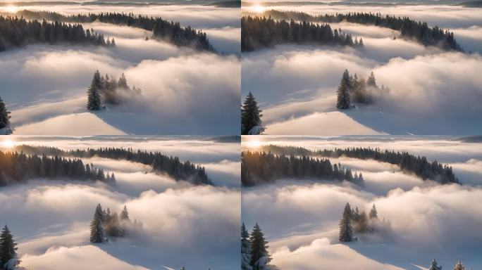 冬天森林雪景森林云雾
