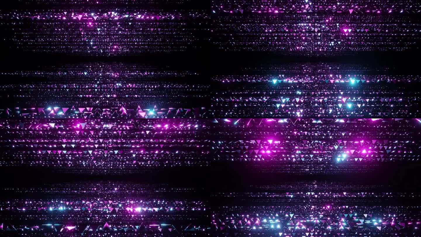 紫色三角形粒子奖励叠加循环背景3d渲染。奢华的紫色粒子不断向前，金色的圆点闪烁，是颁奖典礼、婚礼、电
