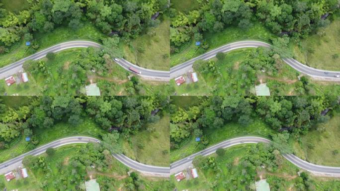 俯视图无人机拍摄的山路上的汽车和摩托车绿色区域，哥伦比亚。