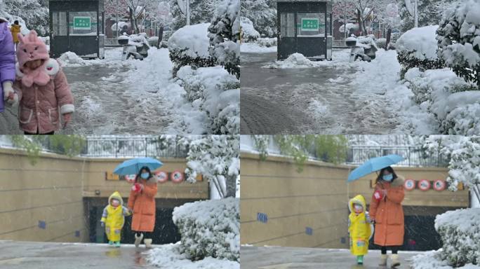 下雪天，漂亮妈妈带着女儿，雪天行走