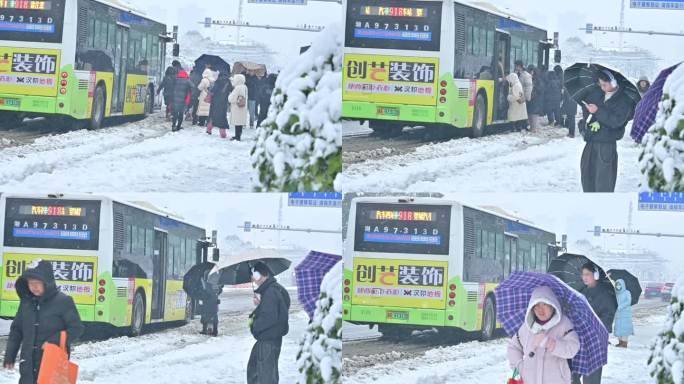 暴风雪中排队上车的乘客，公交车站牌