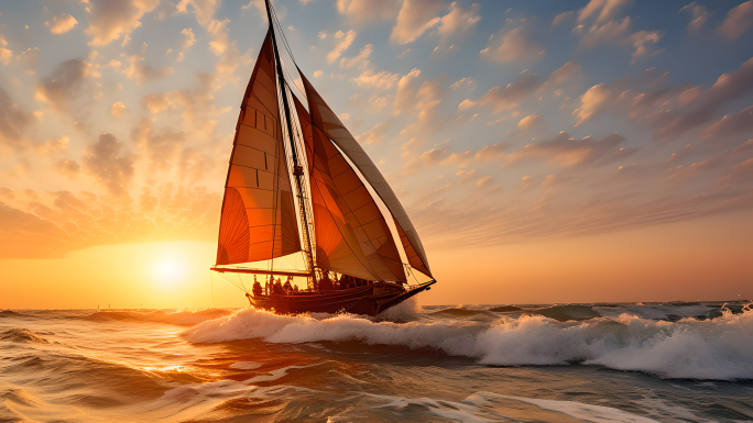 海上丝绸之路古帆船乘风破浪扬帆起航