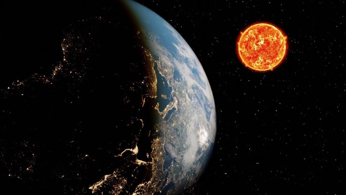 从太空看，地球和太阳就像一个火球。从太空观察美丽的地球。