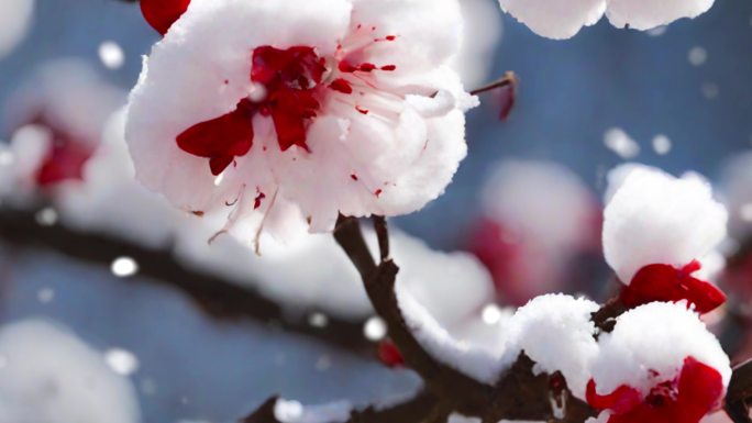 雪景 下雪 暴雪 空镜 雪中梅花盛开桃花