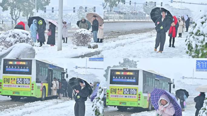下雪天，公交车站台，冒雪等候公交车的人群