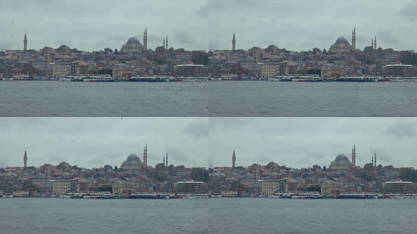 土耳其伊斯坦布尔，马尔马拉海边城市景观中历史悠久的蓝色清真寺的封锁镜头