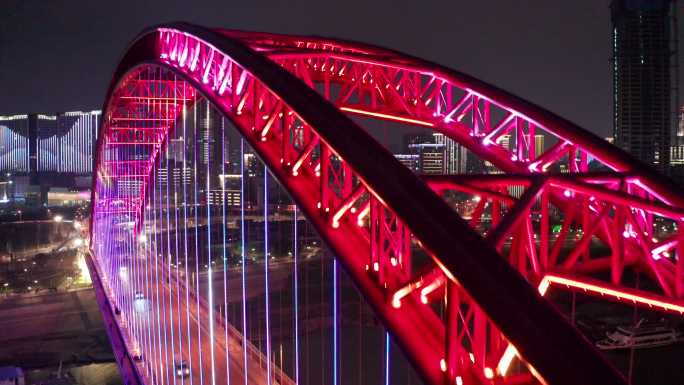 武汉晴川桥灯光秀夜景城市风景航拍