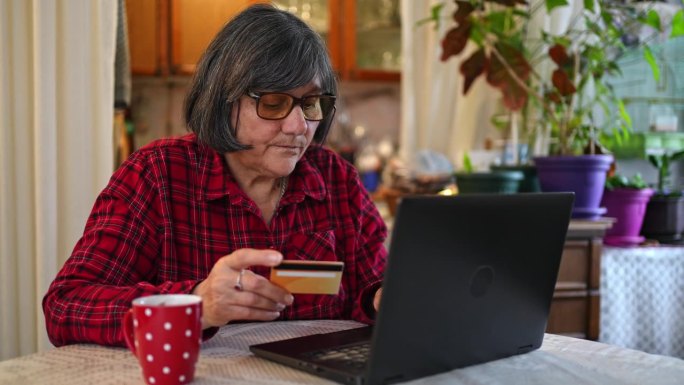 老年妇女在家用笔记本电脑网购
