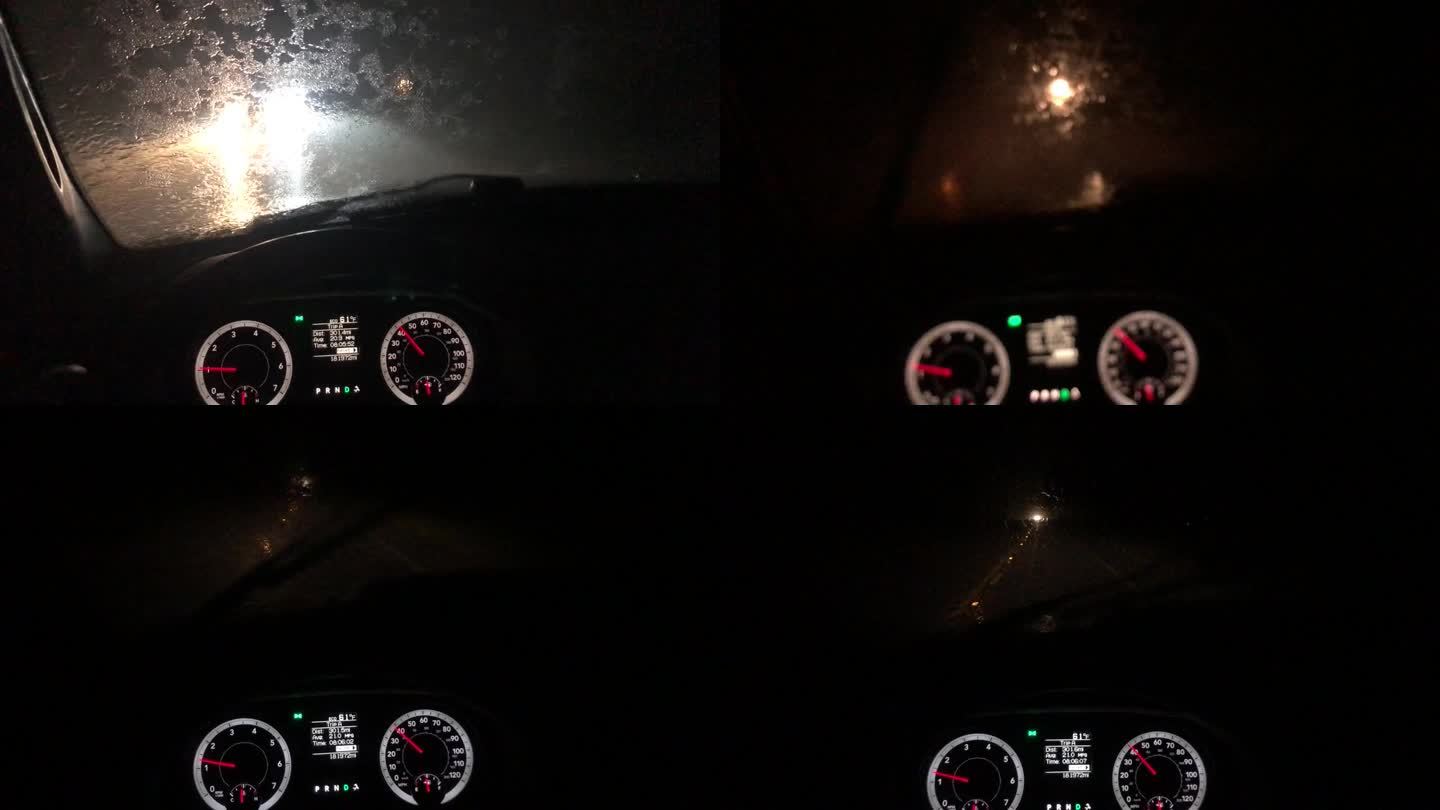 在下雨的夜晚，沿着弯曲的乡村道路行驶，仪表盘清晰可见，迎面而来的车辆前灯阻碍了能见度