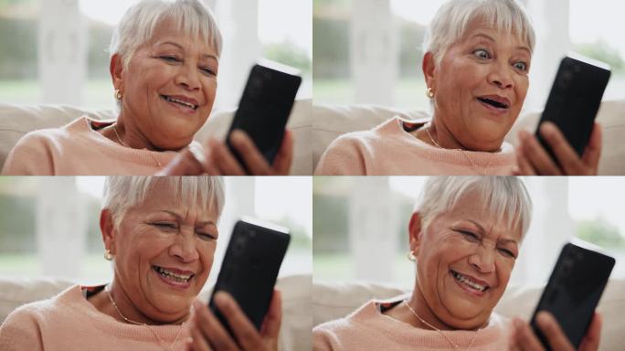 高级女性，智能手机，社交媒体上的笑声，客厅沙发和表情包。退休，快乐，享受退休放松，手机应用和短信网络