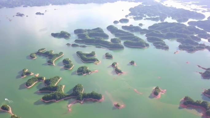 航拍浙江淳安县千岛湖青山绿水