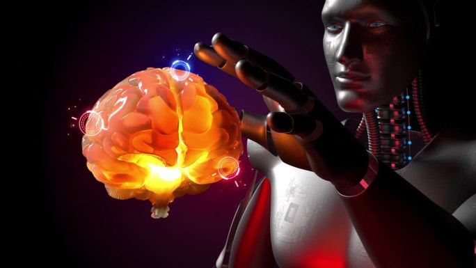 未来高科技机器人分析人脑。传输数据。