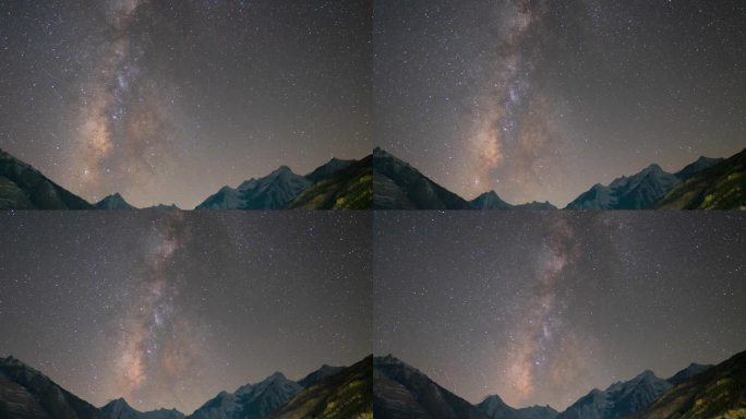 从印度拉胡尔的沙舒尔修道院拍摄的喜马拉雅山脉上方的银河系的4K缩远延时镜头。山中银河的夜景。夜空中的