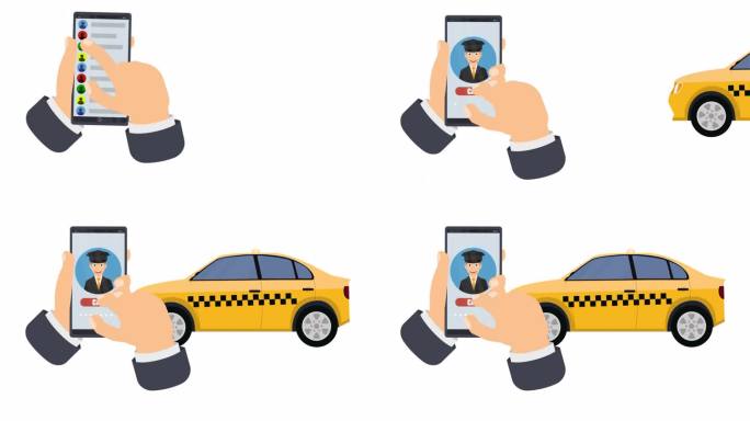 用手机叫出租车。智能手机上的出租车呼叫应用程序动画。卡通