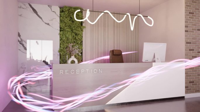 能量流3d渲染动画内的桌面办公室接待与笔记本电脑在spa豪华度假酒店旅馆