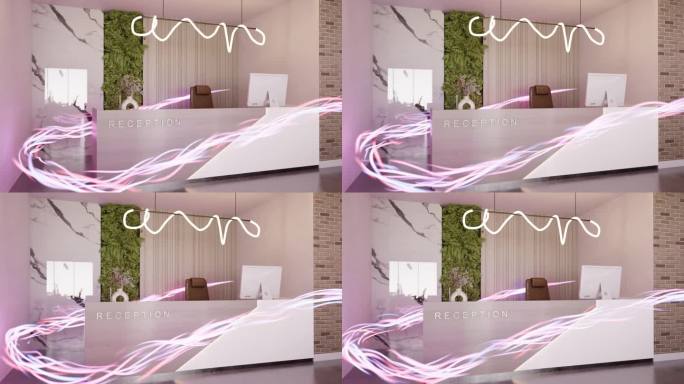 能量流3d渲染动画内的桌面办公室接待与笔记本电脑在spa豪华度假酒店旅馆