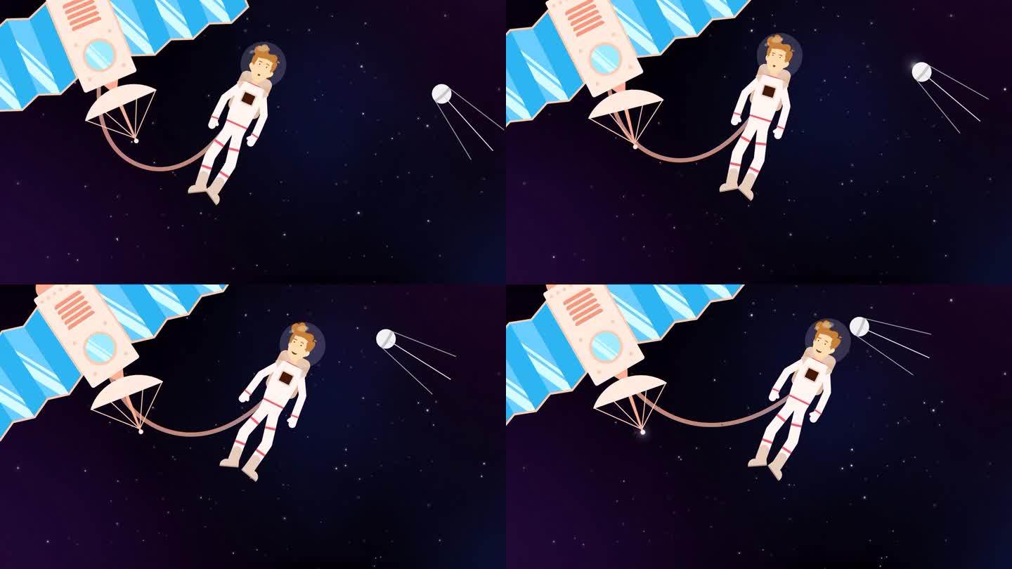 2d动画宇航员漂浮在卫星周围的太空