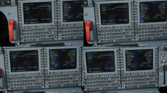 飞机驾驶舱内飞行员控制显示装置的卡车拍摄。连接霍克飞行管理电脑的接口设备