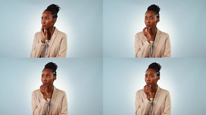 黑人女性在演播室的思考、困惑和脸上的想法、疑问或不确定的表情。解决问题，选择和年轻的非洲女性模式与决