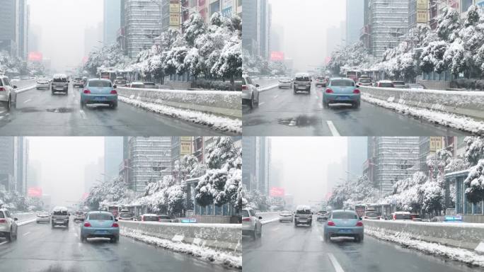 2024龙年湖南长沙大雪马路车流街景