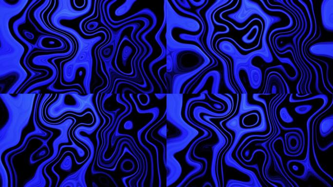 黑色和蓝色动画背景。体积，凸，滴，蓝色油漆。平滑的形状变化。自由流动，动荡，抽象的背景，艺术。环绕，