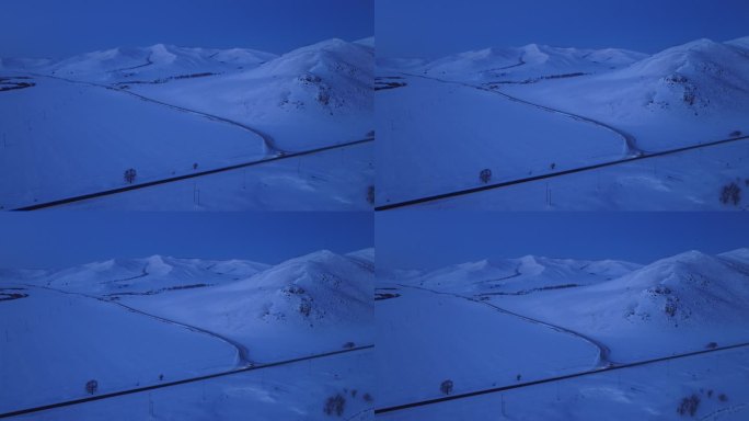 呼伦贝尔丘陵山地自然风光雪景暮色