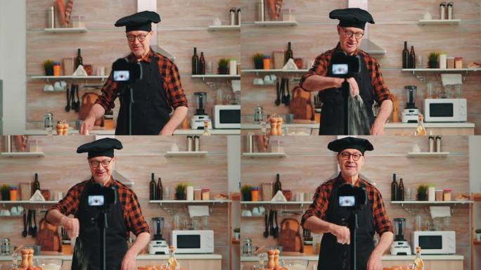 积极的厨师在厨房录制视频的肖像