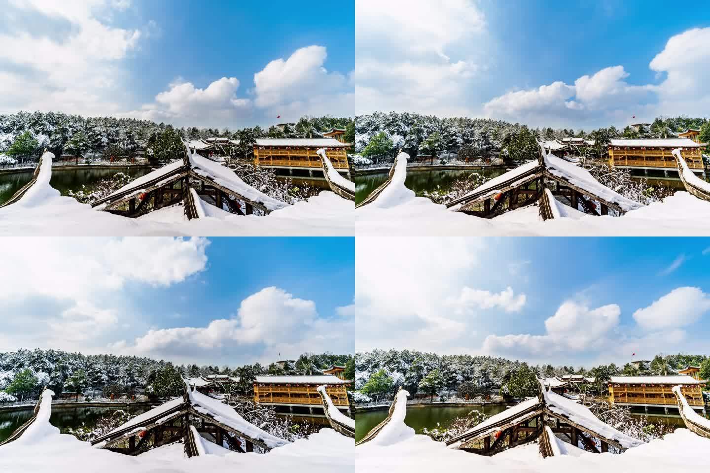 冬季乡村雪景山庄古建筑延时雪天蓝天白云