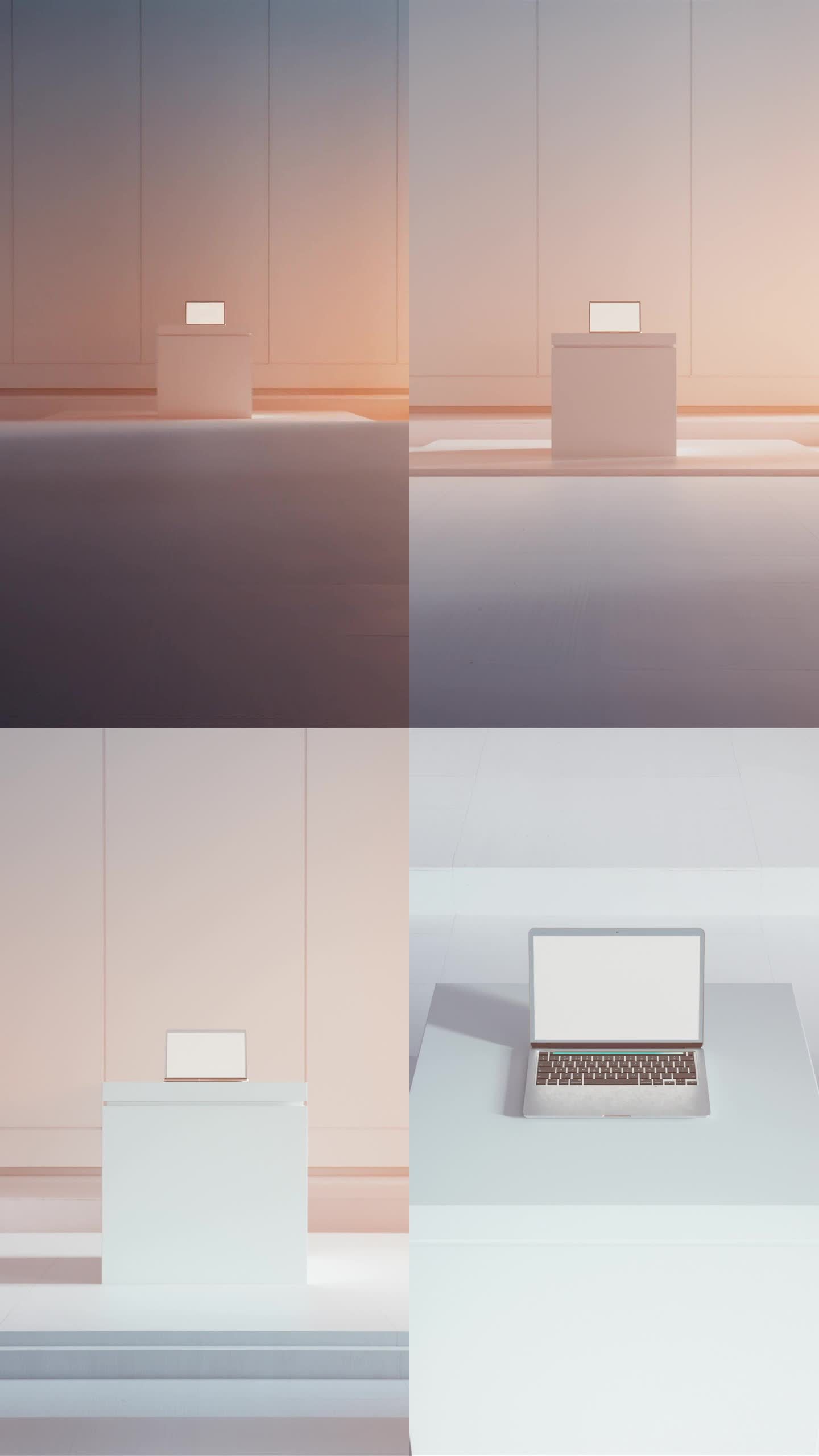 一个光线充足的空间，在基座上放置一台笔记本电脑。