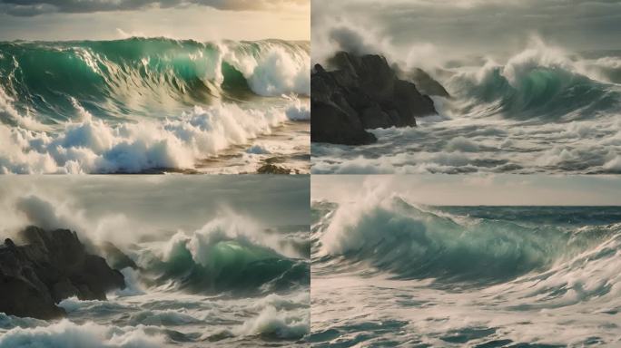 海浪特写蓝色大海海浪岩石海浪翻滚慢动作