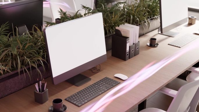 现代办公笔记本电脑桌面与能量流在3d渲染动画会议会议商务公司共同工作空间