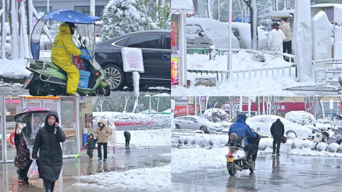 下雪天，各类外卖派送员行驶在路上