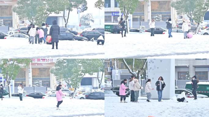家长和孩子们雪地里拍照打卡，打雪仗