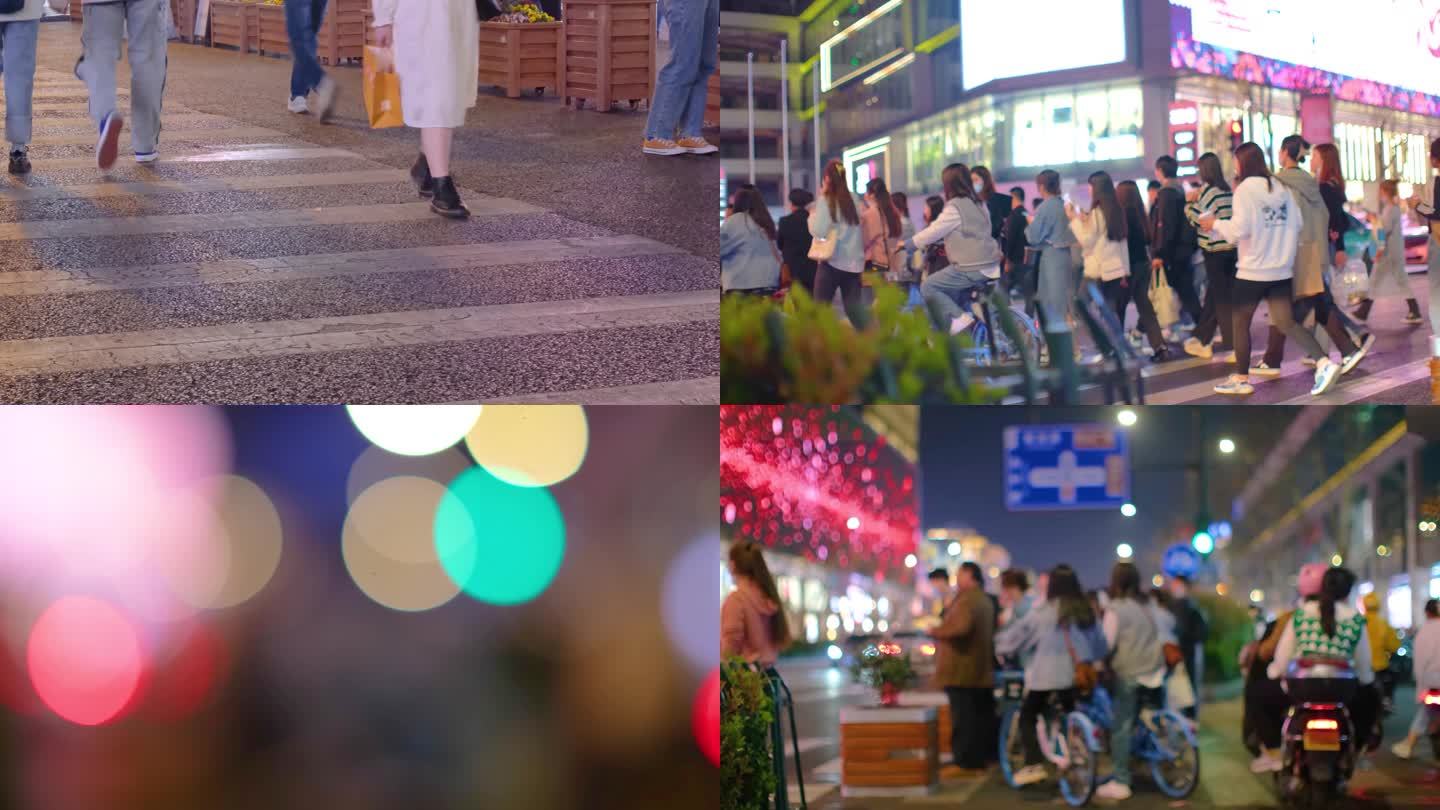 夜晚城市行人过马路人流脚步人物生活视频素
