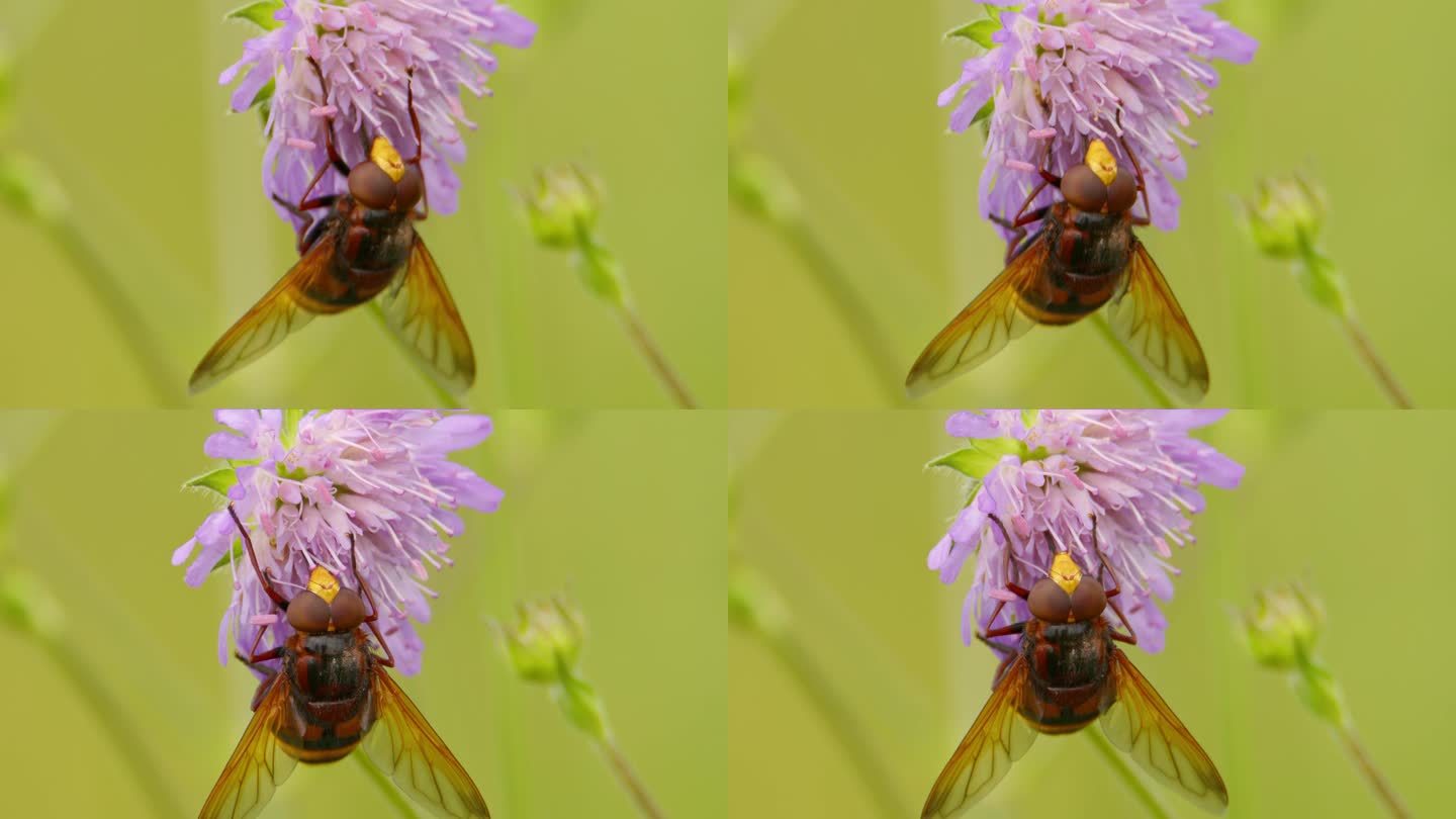 大黄蜂模拟食蚜蝇吃花蜜的极端特写