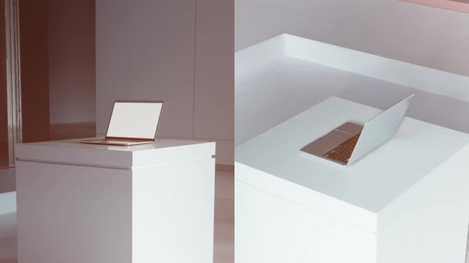在一个光线充足的空间里，一台笔记本电脑被放在一个优雅的基座上。