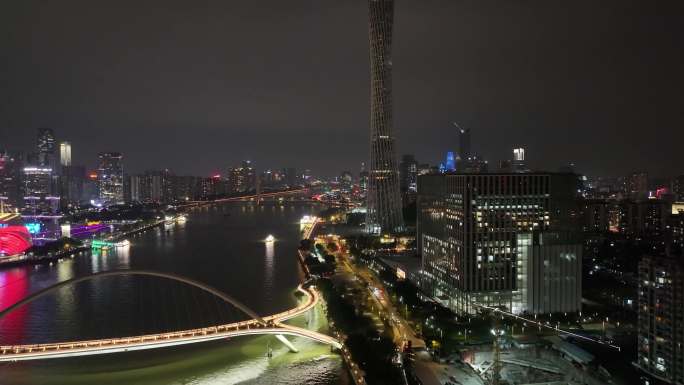 广州大桥海心桥夜景航拍车流交通广州大道夜