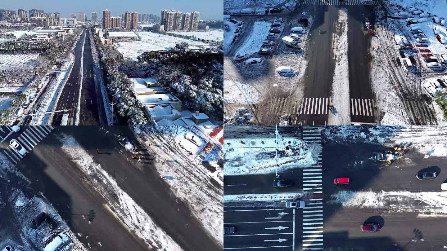 航拍，长沙城市下雪后的道路景观