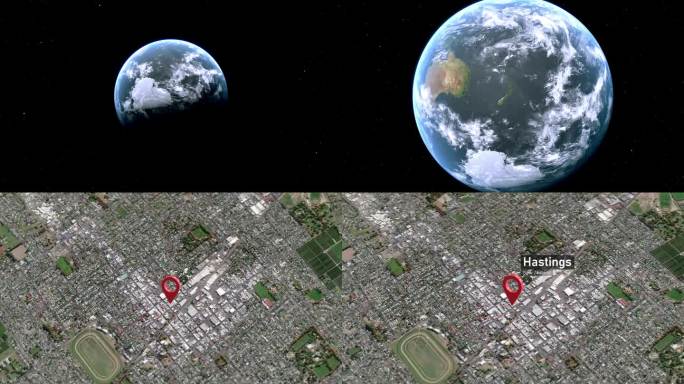 黑斯廷斯城市地图从太空缩放到地球，新西兰