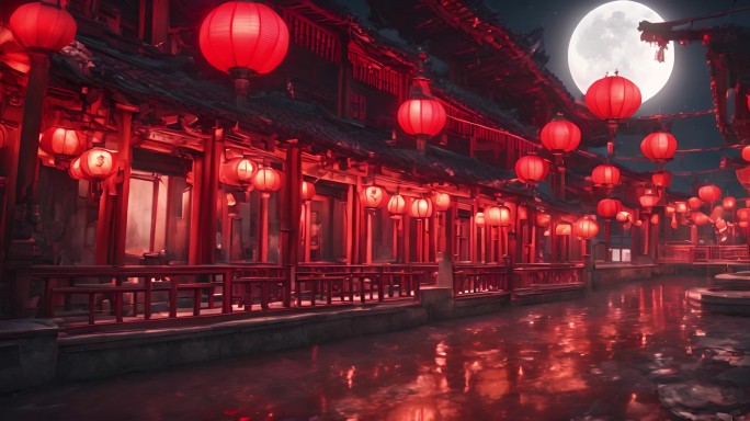 中式大唐宋建筑背景圆月红色灯笼