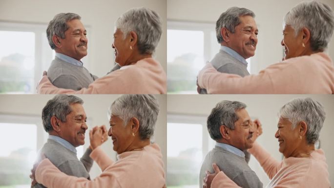 老年人，夫妇和拥抱在家里的客厅跳舞，以建立联系，浪漫和幸福或爱。老年人，男人和女人手牵着手或在房子的