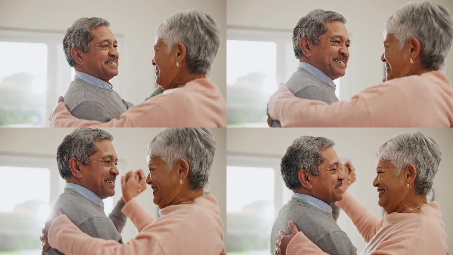 老年人，夫妇和拥抱在家里的客厅跳舞，以建立联系，浪漫和幸福或爱。老年人，男人和女人手牵着手或在房子的
