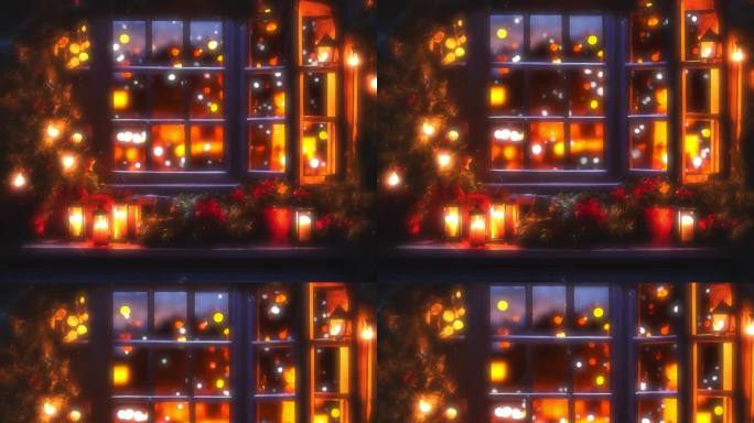 家温馨窗户温暖窗外下雪过年装饰圣诞节新年