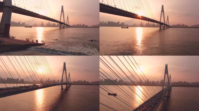 二七长江大桥 日落 航拍 和谐画面 晚霞