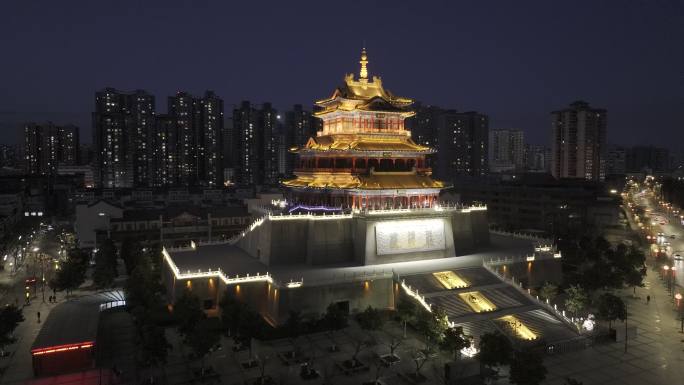 航拍咸阳清渭楼夜景4k