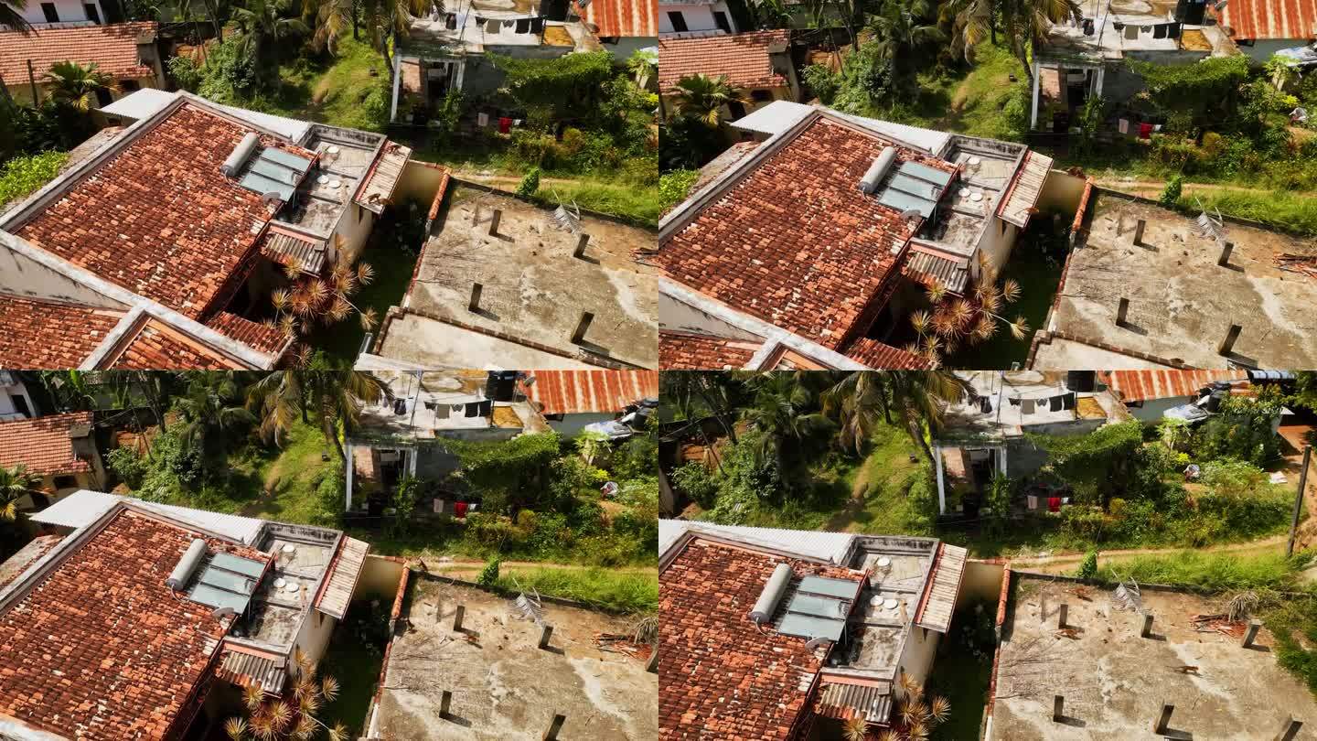 鸟瞰图显示，在居民社区冲突中，类人猿群在屋顶上奔跑。在热带环境中，灵长类动物在建筑物之间冲刺、跳跃，