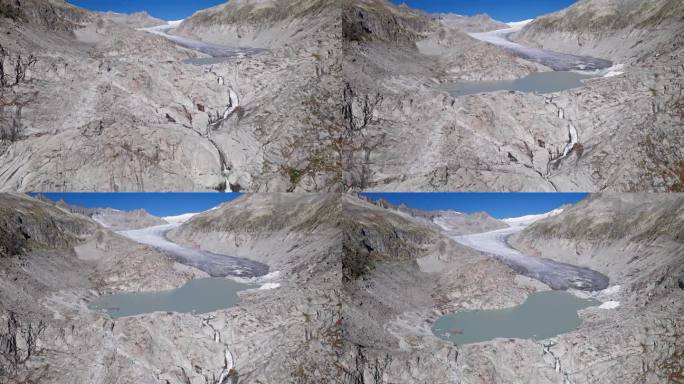 罗纳冰川(Rhonegletscher)的航拍全景，靠近弗尔卡山口，瓦莱州，瑞士。从30帧每秒加速2